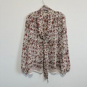 Max Studio Long Sleeve Tie Neck Semi-Sheer Floral Pullover Blouse Size M.
